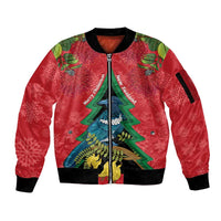 New Zealand Christmas In July Sleeve Zip Bomber Jacket Kowhai Tui Bird With Pohutukawa - Red