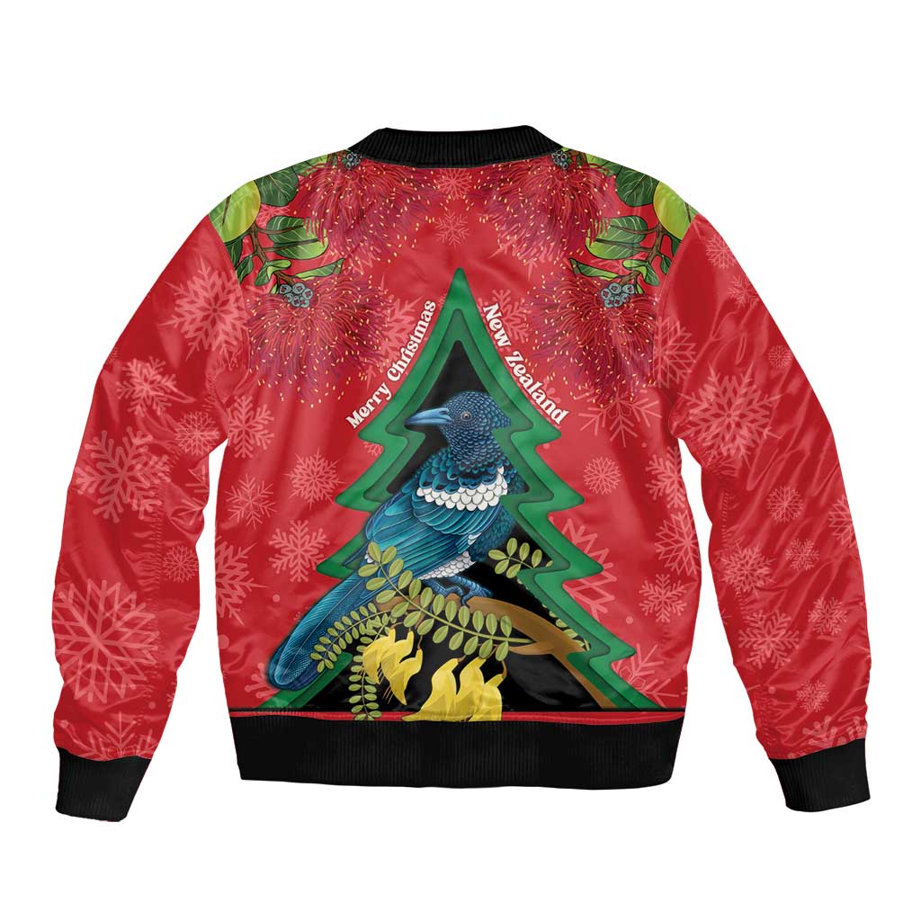 New Zealand Christmas In July Sleeve Zip Bomber Jacket Kowhai Tui Bird With Pohutukawa - Red