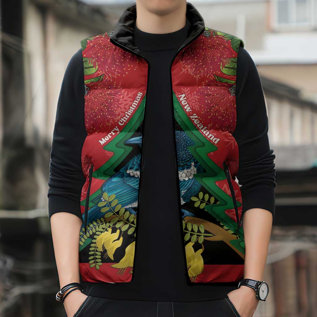 New Zealand Christmas In July Sleeveless Puffer Jacket Kowhai Tui Bird With Pohutukawa - Red - Polynesian Pride