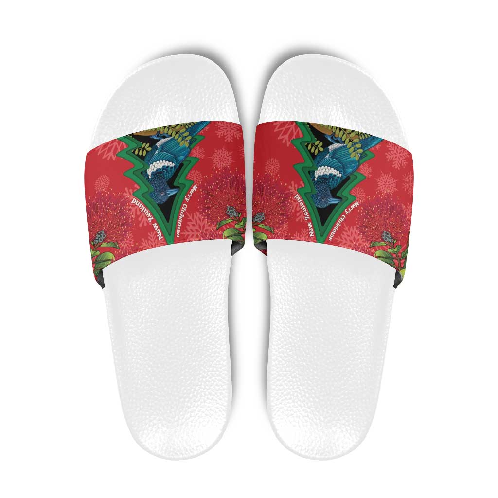 New Zealand Christmas In July Slide Sandals Kowhai Tui Bird With Pohutukawa - Red - Polynesian Pride