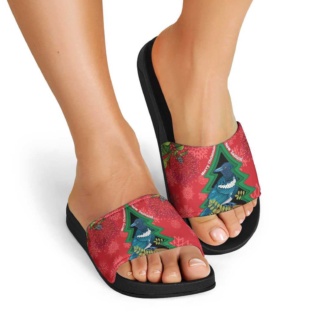 New Zealand Christmas In July Slide Sandals Kowhai Tui Bird With Pohutukawa - Red - Polynesian Pride