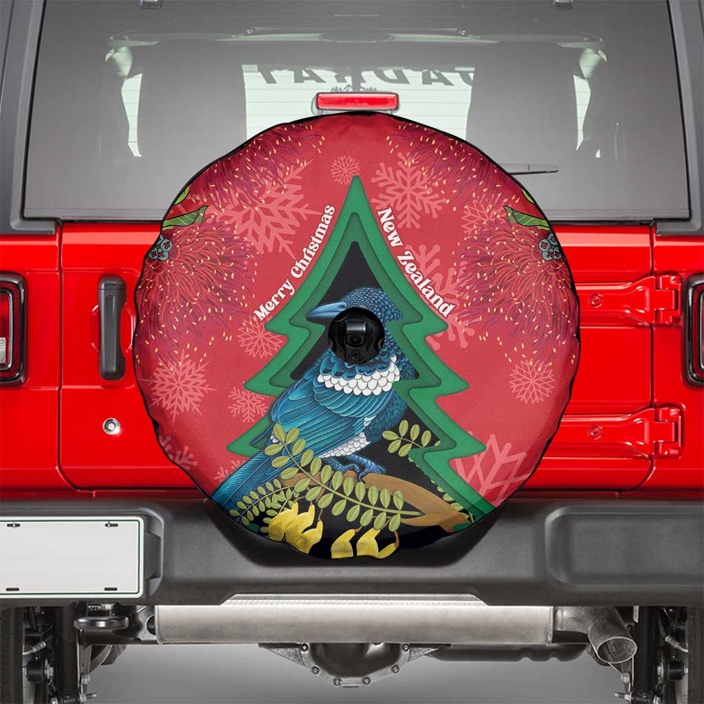 New Zealand Christmas In July Spare Tire Cover Kowhai Tui Bird With Pohutukawa - Red