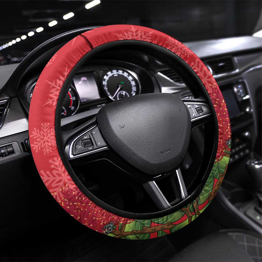 New Zealand Christmas In July Steering Wheel Cover Kowhai Tui Bird With Pohutukawa - Red