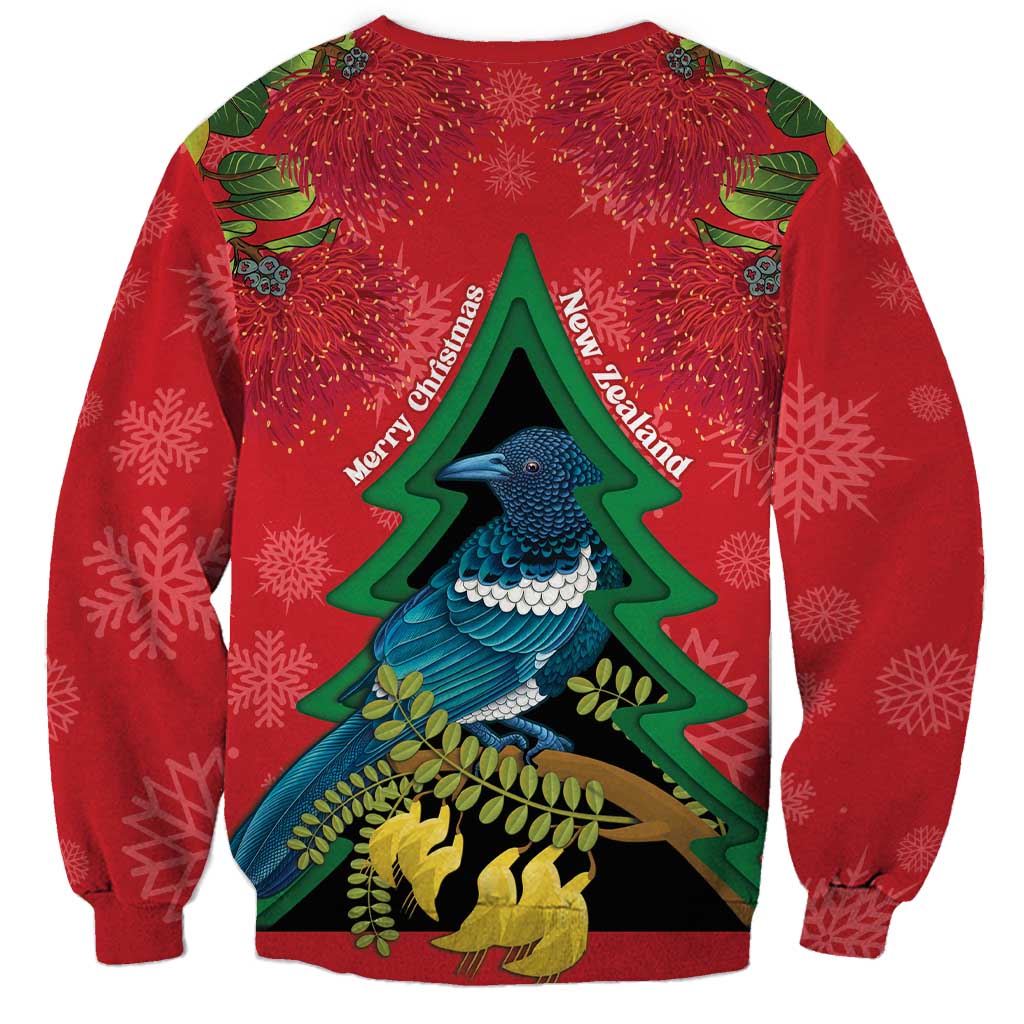 New Zealand Christmas In July Sweatshirt Kowhai Tui Bird With Pohutukawa - Red