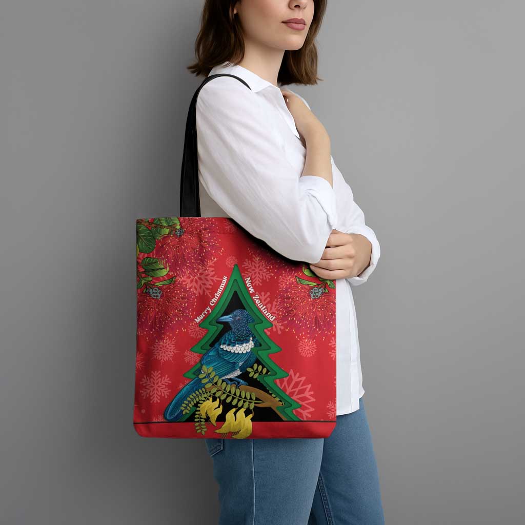 New Zealand Christmas In July Tote Bag Kowhai Tui Bird With Pohutukawa - Red - Polynesian Pride
