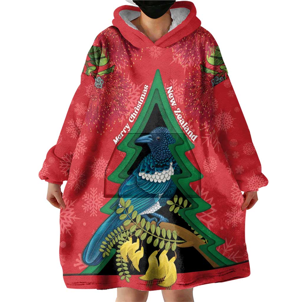 New Zealand Christmas In July Wearable Blanket Hoodie Kowhai Tui Bird With Pohutukawa - Red