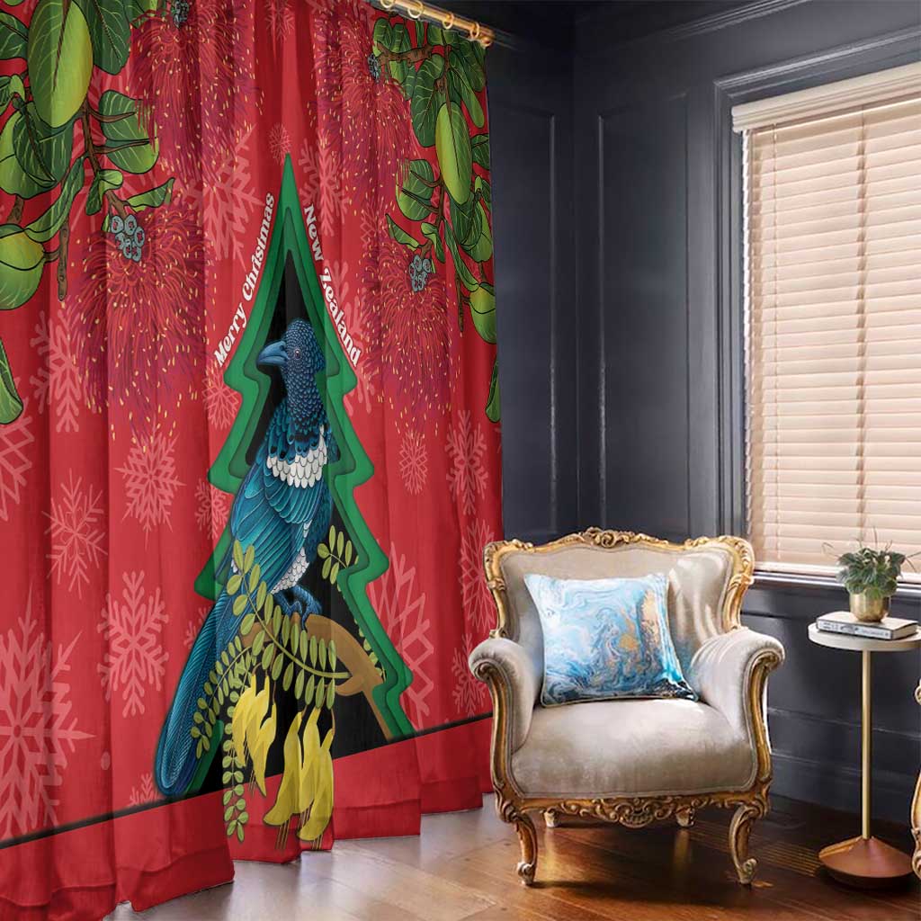 New Zealand Christmas In July Window Curtain Kowhai Tui Bird With Pohutukawa - Red LT14 - Polynesian Pride