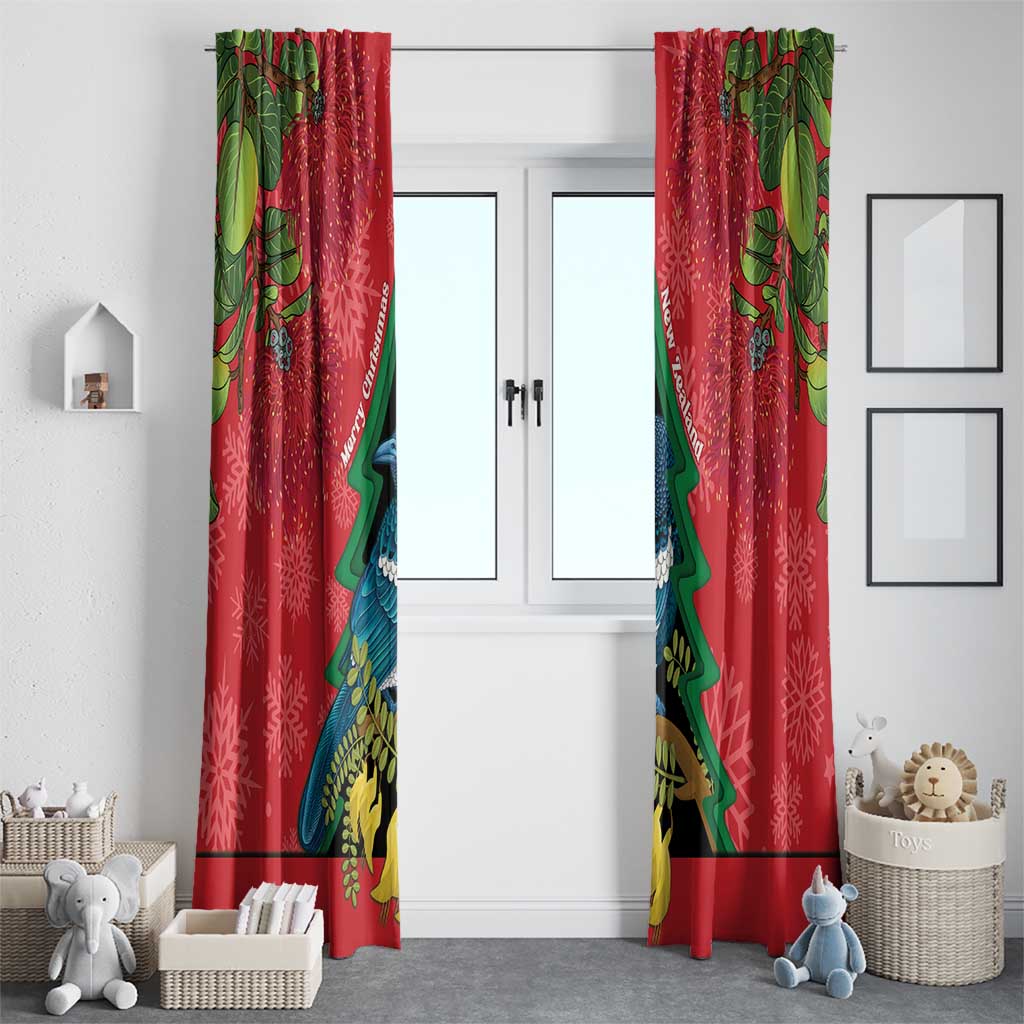 New Zealand Christmas In July Window Curtain Kowhai Tui Bird With Pohutukawa - Red LT14 - Polynesian Pride