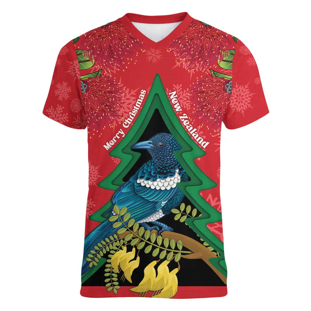 New Zealand Christmas In July Women V-Neck T-Shirt Kowhai Tui Bird With Pohutukawa - Red