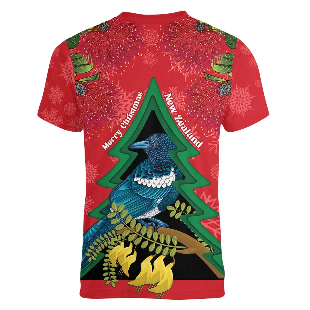 New Zealand Christmas In July Women V-Neck T-Shirt Kowhai Tui Bird With Pohutukawa - Red
