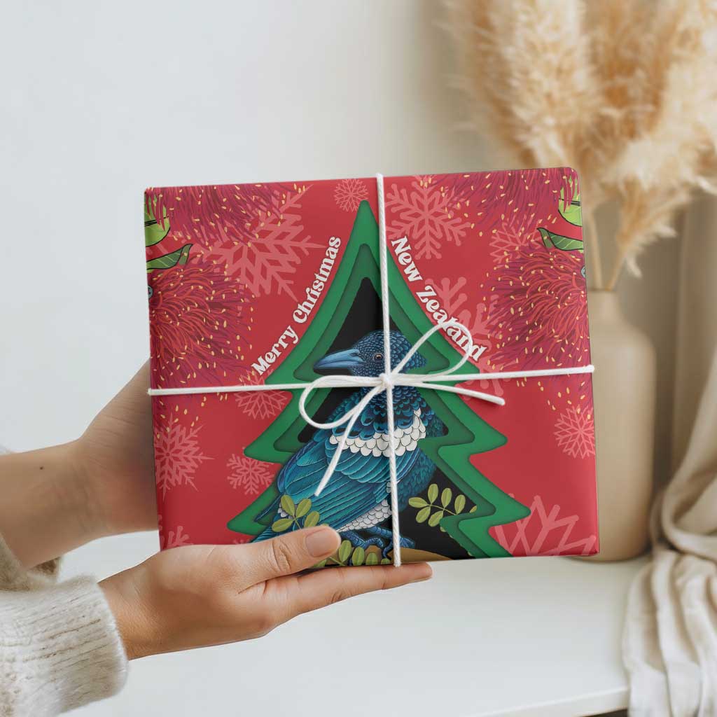 New Zealand Christmas In July Wrapping Paper Kowhai Tui Bird With Pohutukawa - Red - Polynesian Pride