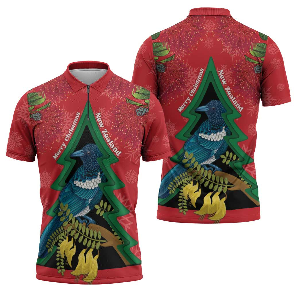 New Zealand Christmas In July Zipper Polo Shirt Kowhai Tui Bird With Pohutukawa - Red - Polynesian Pride
