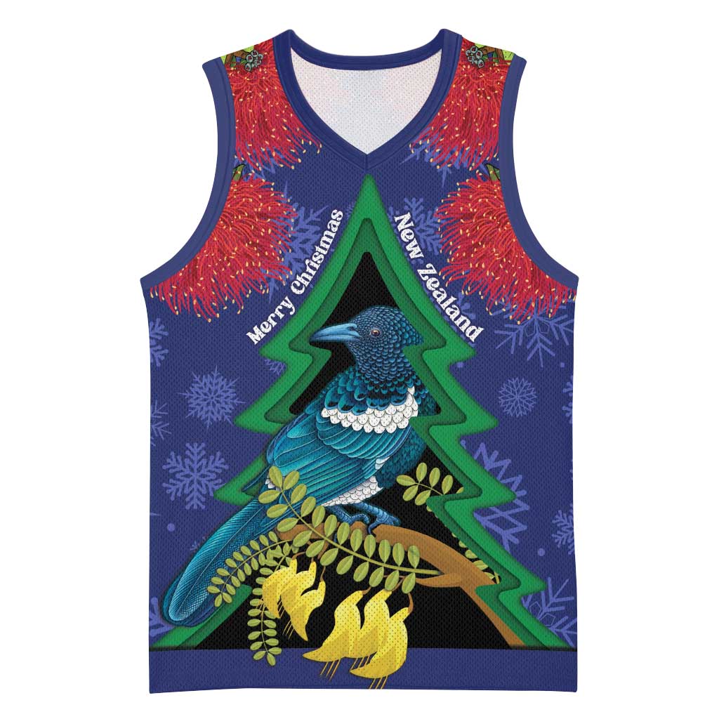 New Zealand Christmas In July Basketball Jersey Kowhai Tui Bird With Pohutukawa - Blue - Polynesian Pride