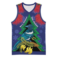 New Zealand Christmas In July Basketball Jersey Kowhai Tui Bird With Pohutukawa - Blue - Polynesian Pride