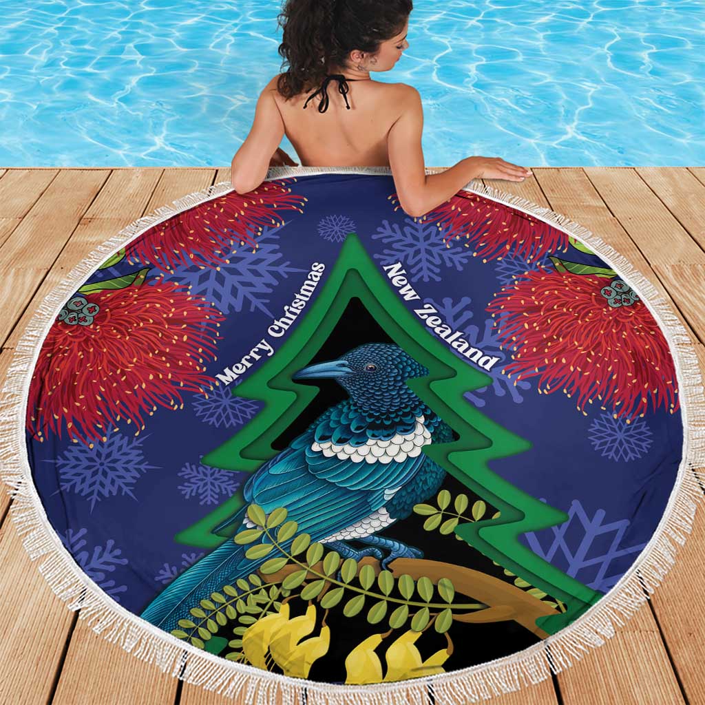 New Zealand Christmas In July Beach Blanket Kowhai Tui Bird With Pohutukawa - Blue