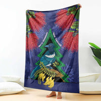 New Zealand Christmas In July Blanket Kowhai Tui Bird With Pohutukawa - Blue LT14 - Polynesian Pride