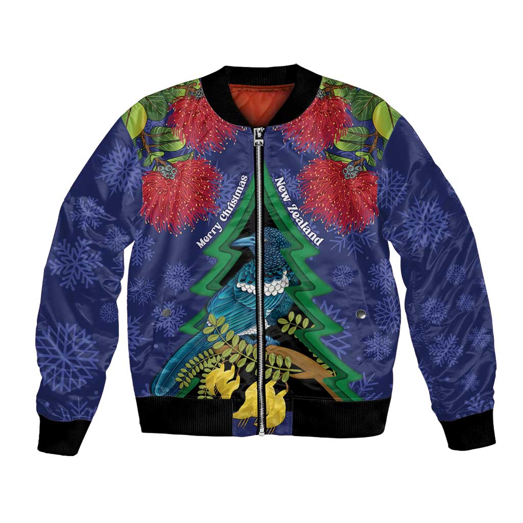 New Zealand Christmas In July Bomber Jacket Kowhai Tui Bird With Pohutukawa - Blue
