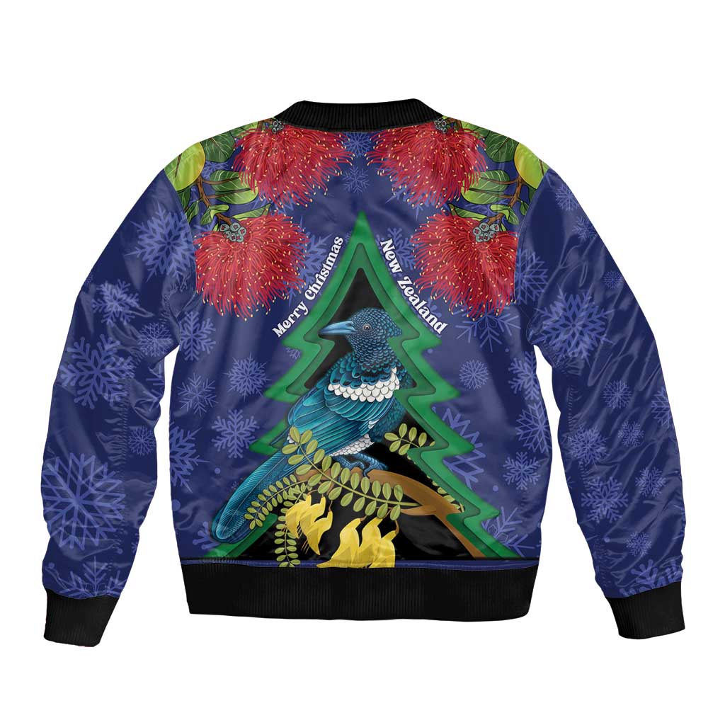 New Zealand Christmas In July Bomber Jacket Kowhai Tui Bird With Pohutukawa - Blue