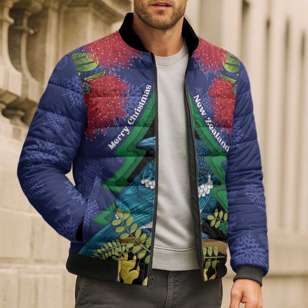 New Zealand Christmas In July Bomber Puffer Jacket Kowhai Tui Bird With Pohutukawa - Blue - Polynesian Pride