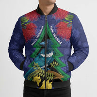 New Zealand Christmas In July Bomber Puffer Jacket Kowhai Tui Bird With Pohutukawa - Blue - Polynesian Pride