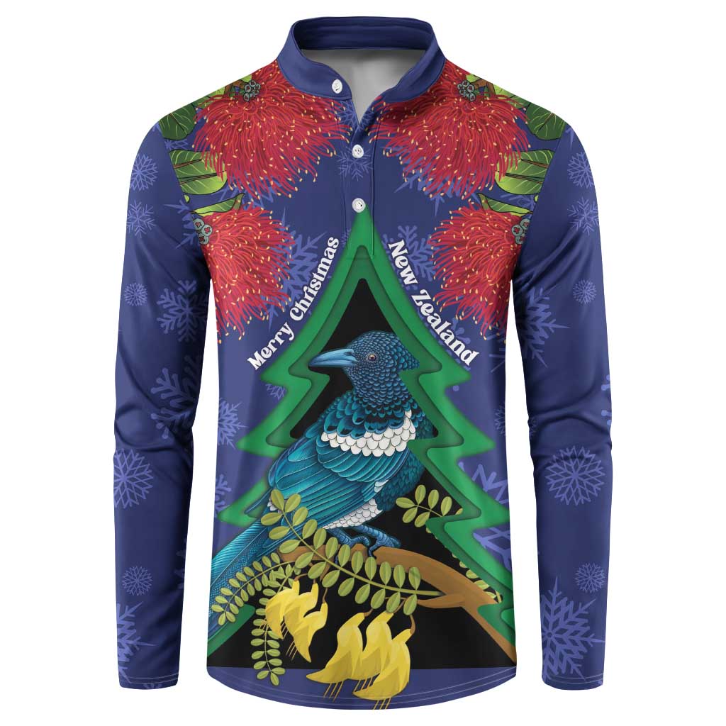 New Zealand Christmas In July Button Sweatshirt Kowhai Tui Bird With Pohutukawa - Blue