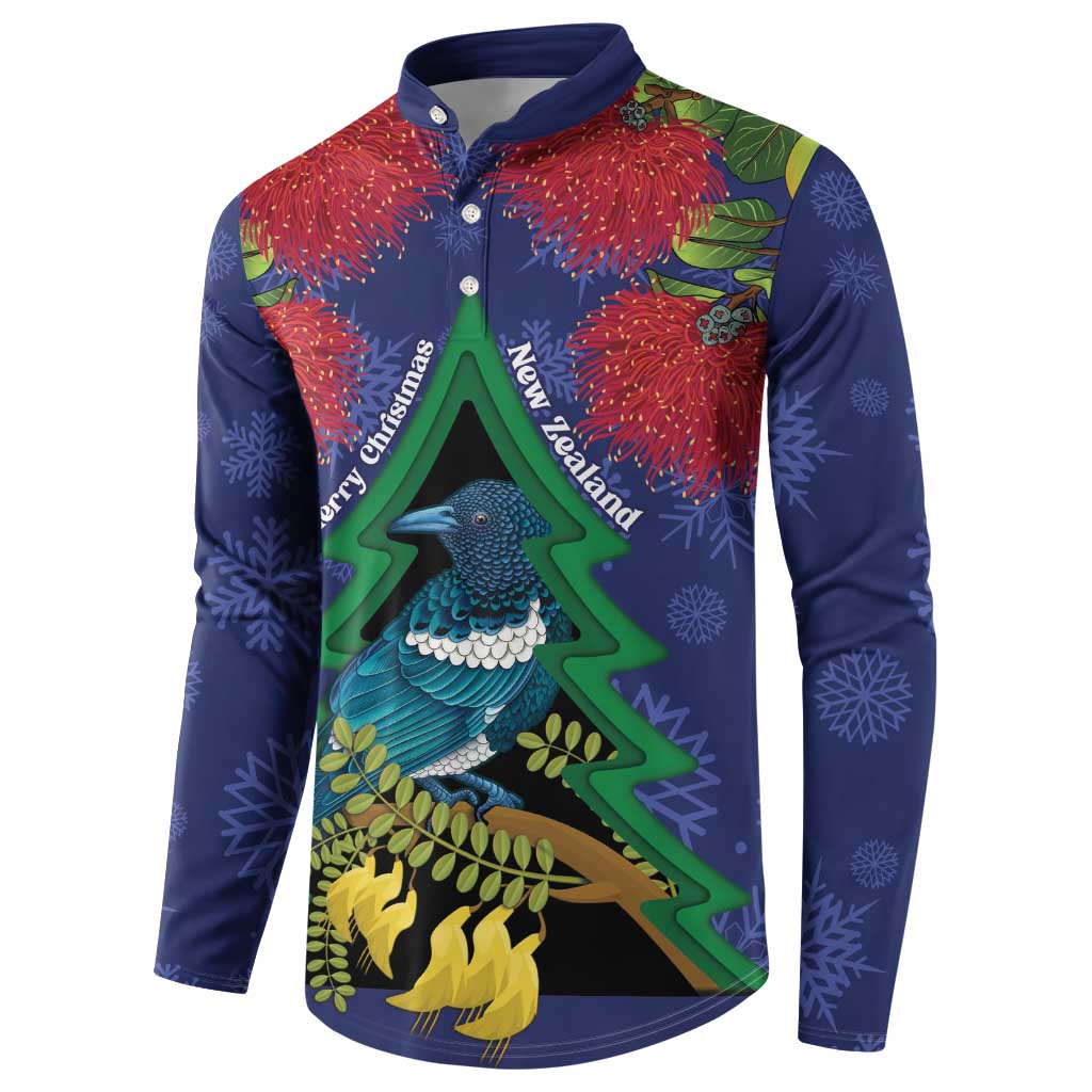 New Zealand Christmas In July Button Sweatshirt Kowhai Tui Bird With Pohutukawa - Blue
