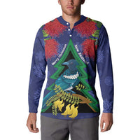 New Zealand Christmas In July Button Sweatshirt Kowhai Tui Bird With Pohutukawa - Blue