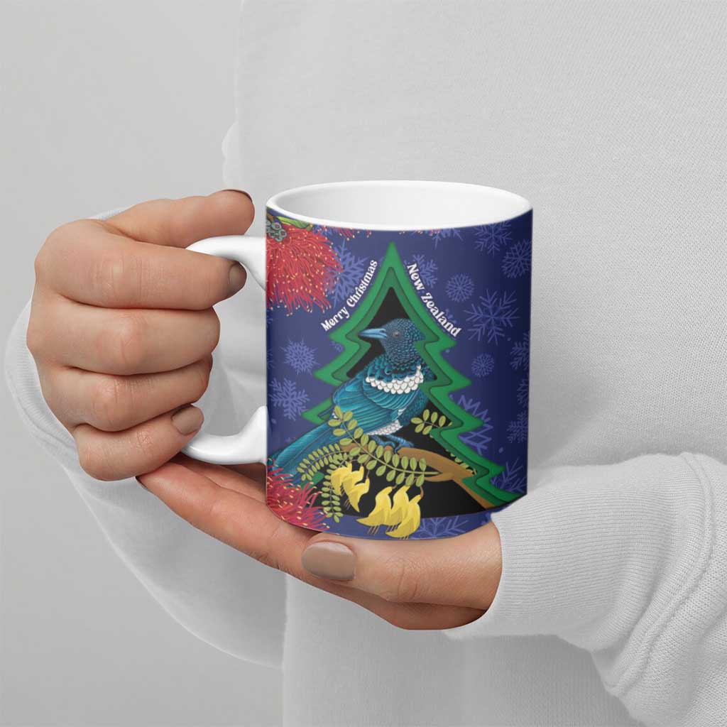 New Zealand Christmas In July Ceramic Mug Kowhai Tui Bird With Pohutukawa - Blue - Polynesian Pride