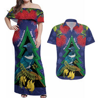 New Zealand Christmas In July Couples Matching Off Shoulder Maxi Dress and Hawaiian Shirt Kowhai Tui Bird With Pohutukawa - Blue LT14 Blue - Polynesian Pride