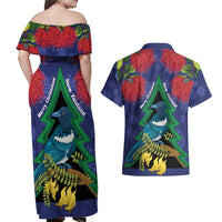 New Zealand Christmas In July Couples Matching Off Shoulder Maxi Dress and Hawaiian Shirt Kowhai Tui Bird With Pohutukawa - Blue LT14 - Polynesian Pride