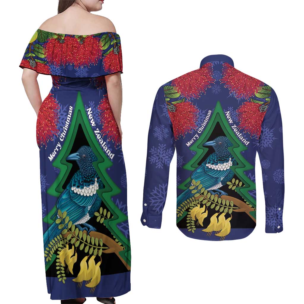 New Zealand Christmas In July Couples Matching Off Shoulder Maxi Dress and Long Sleeve Button Shirt Kowhai Tui Bird With Pohutukawa - Blue