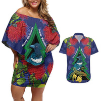 New Zealand Christmas In July Couples Matching Off Shoulder Short Dress and Hawaiian Shirt Kowhai Tui Bird With Pohutukawa - Blue LT14 Blue - Polynesian Pride