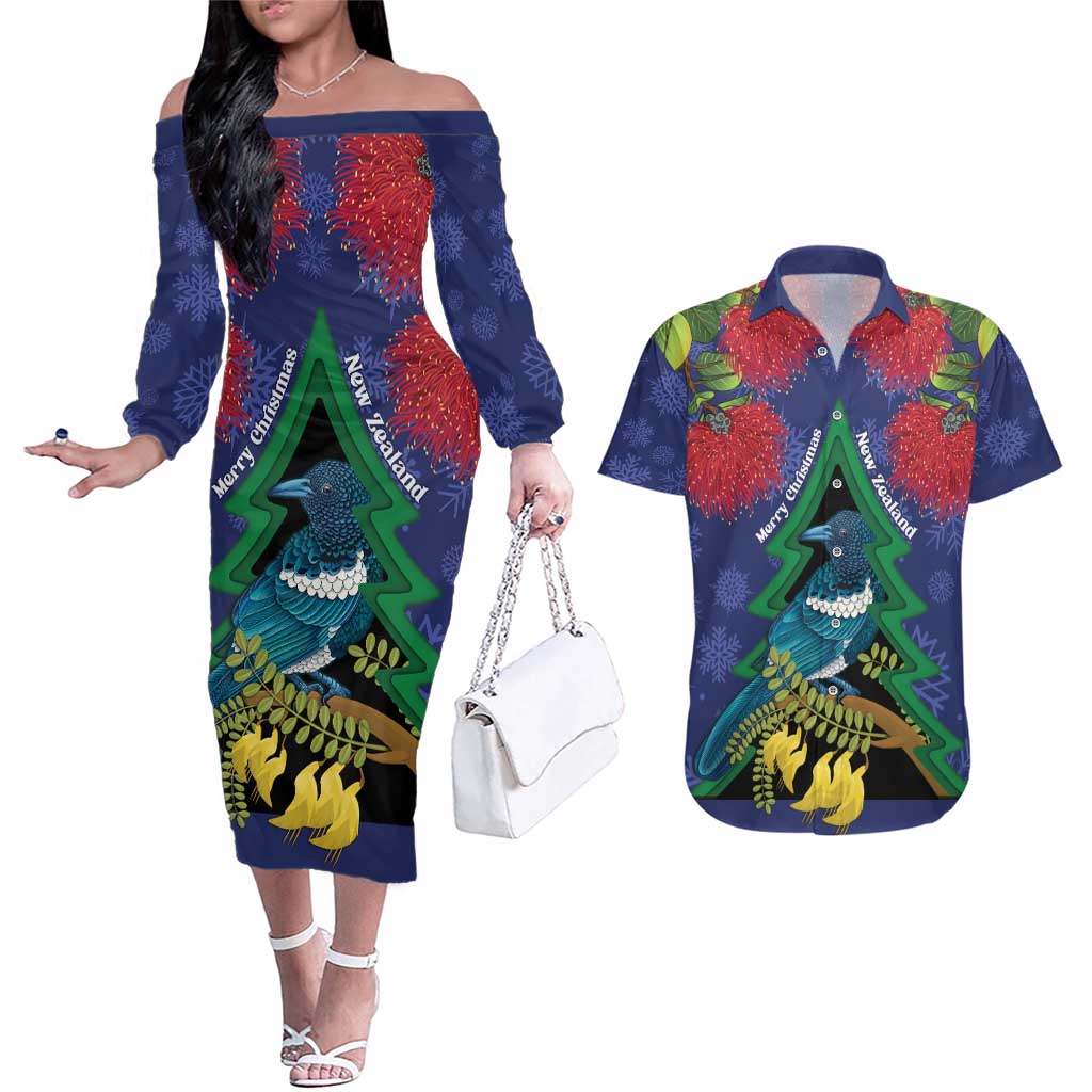 New Zealand Christmas In July Couples Matching Off The Shoulder Long Sleeve Dress and Hawaiian Shirt Kowhai Tui Bird With Pohutukawa - Blue