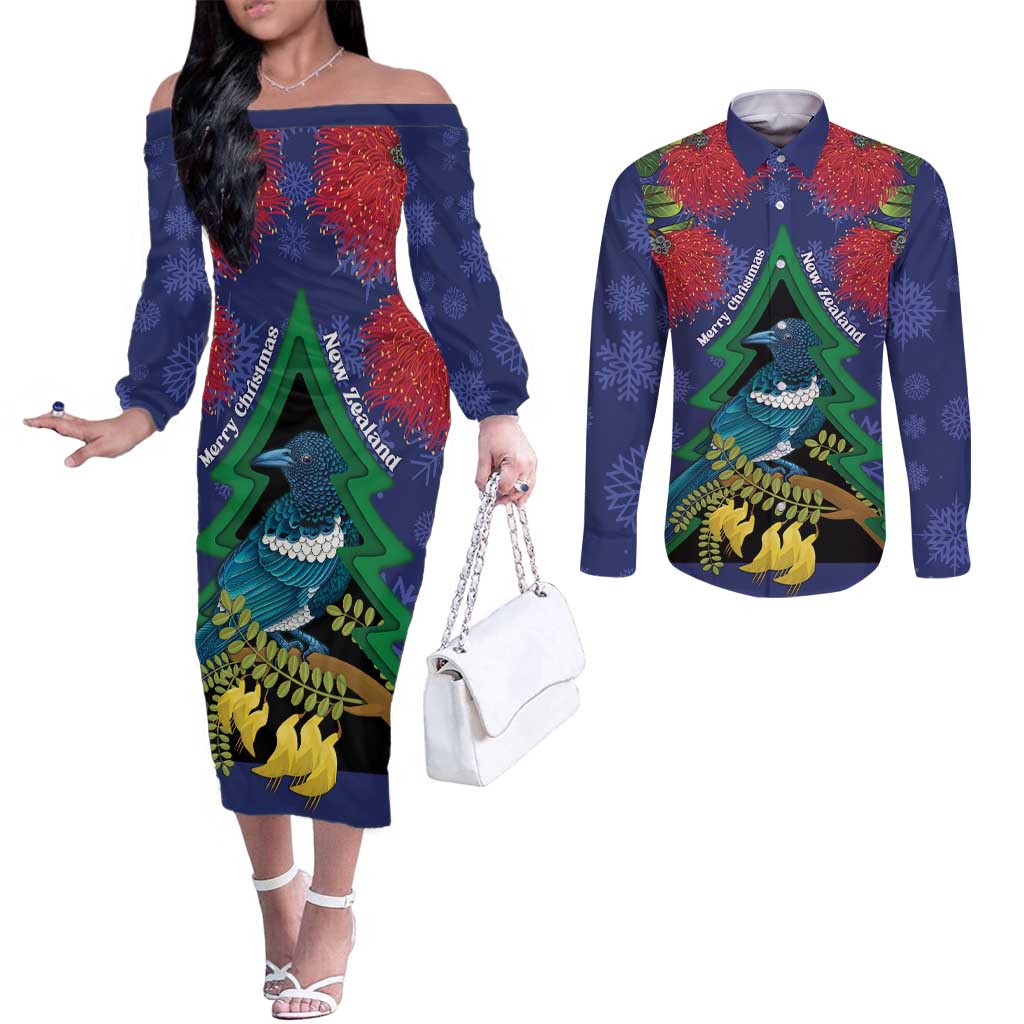 New Zealand Christmas In July Couples Matching Off The Shoulder Long Sleeve Dress and Long Sleeve Button Shirt Kowhai Tui Bird With Pohutukawa - Blue