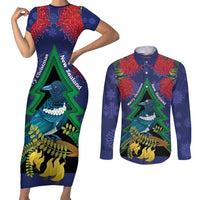 New Zealand Christmas In July Couples Matching Short Sleeve Bodycon Dress and Long Sleeve Button Shirt Kowhai Tui Bird With Pohutukawa - Blue