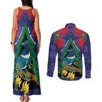New Zealand Christmas In July Couples Matching Tank Maxi Dress and Long Sleeve Button Shirt Kowhai Tui Bird With Pohutukawa - Blue
