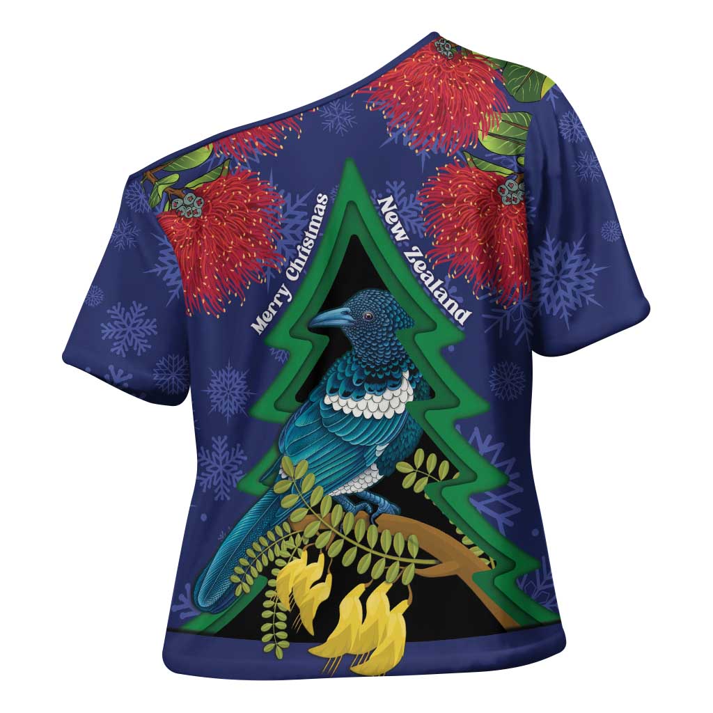 New Zealand Christmas In July Cross Shoulder Shirt Kowhai Tui Bird With Pohutukawa - Blue - Polynesian Pride