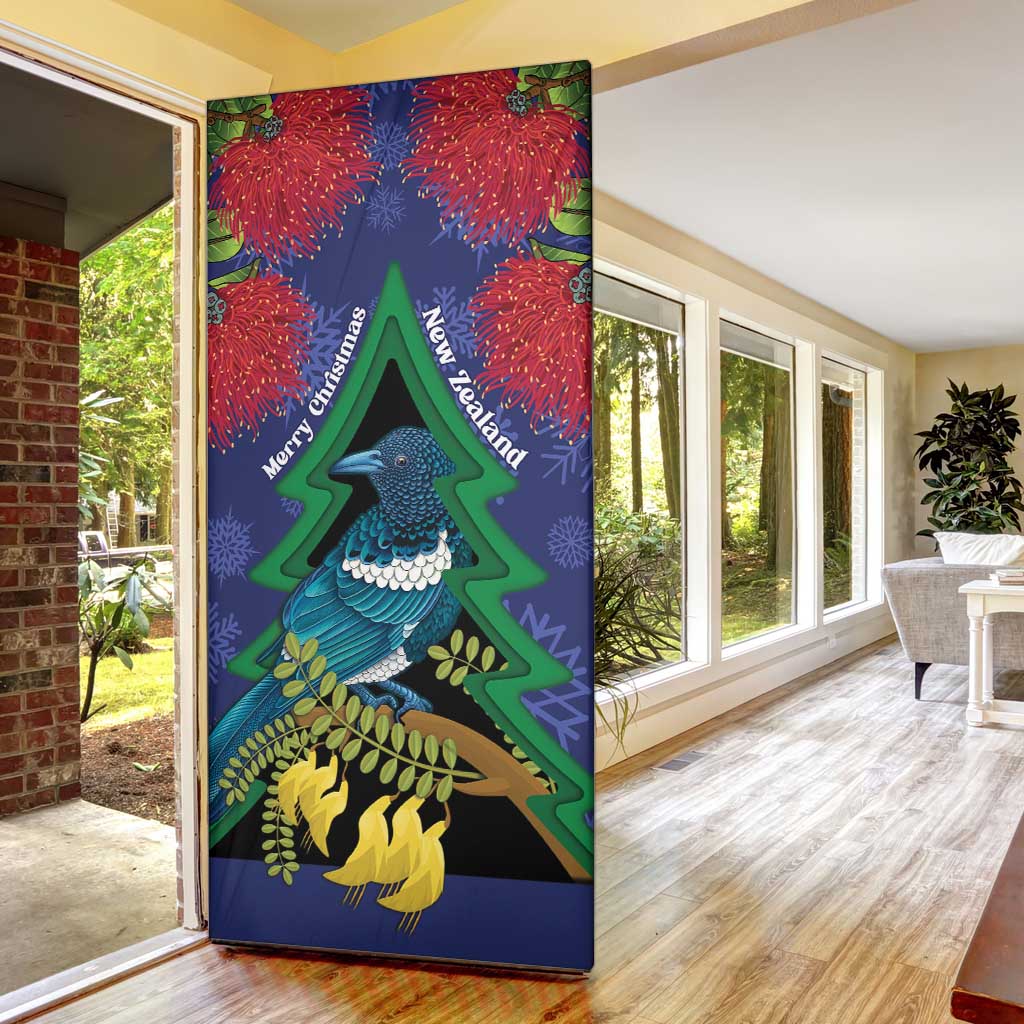 New Zealand Christmas In July Door Cover Kowhai Tui Bird With Pohutukawa - Blue - Polynesian Pride