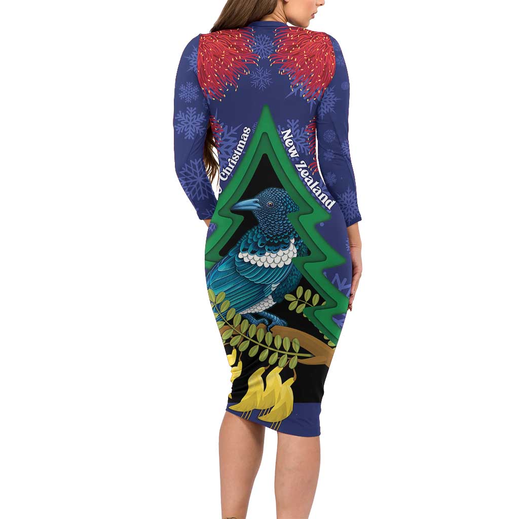 New Zealand Christmas In July Family Matching Long Sleeve Bodycon Dress and Hawaiian Shirt Kowhai Tui Bird With Pohutukawa - Blue