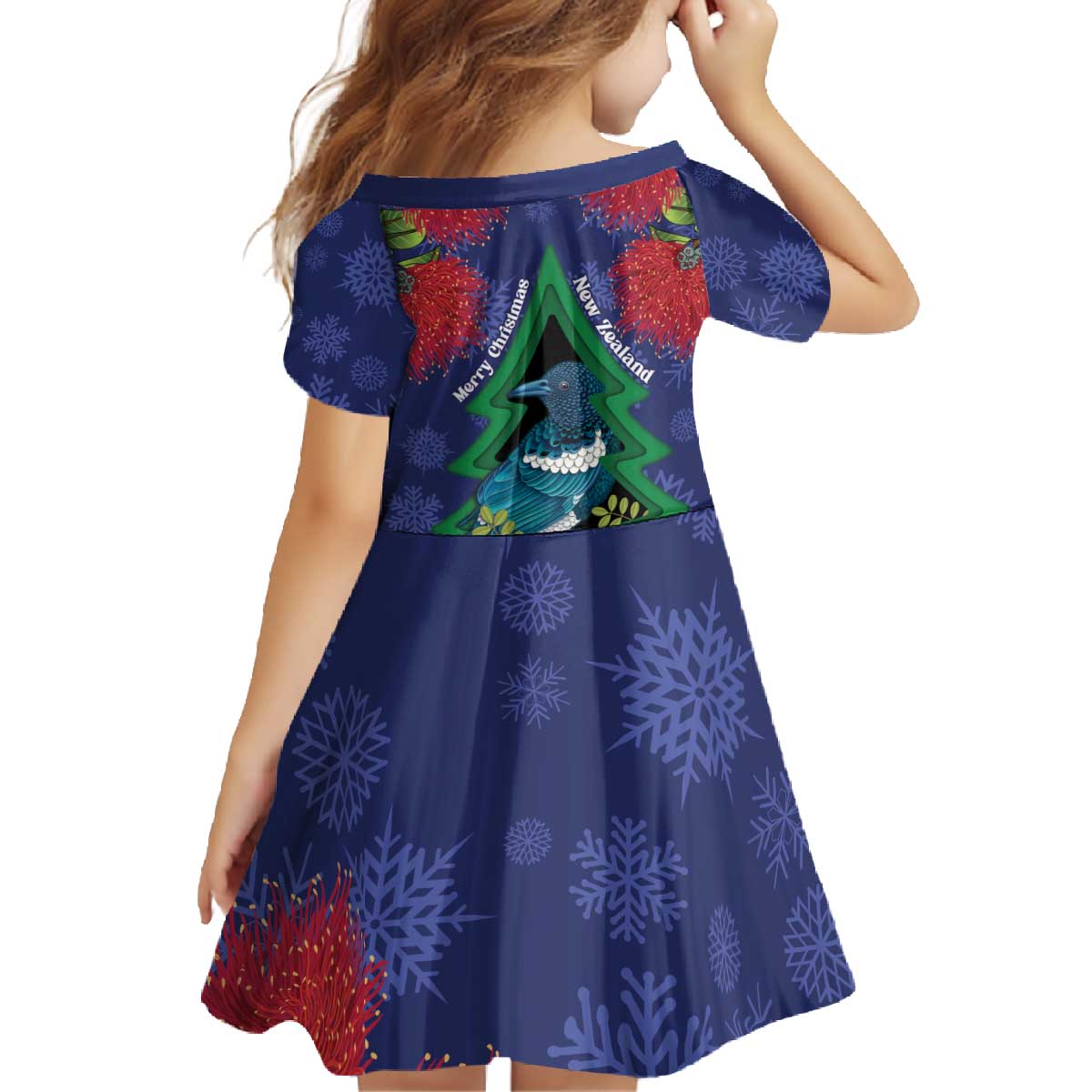 New Zealand Christmas In July Family Matching Off The Shoulder Long Sleeve Dress and Hawaiian Shirt Kowhai Tui Bird With Pohutukawa - Blue