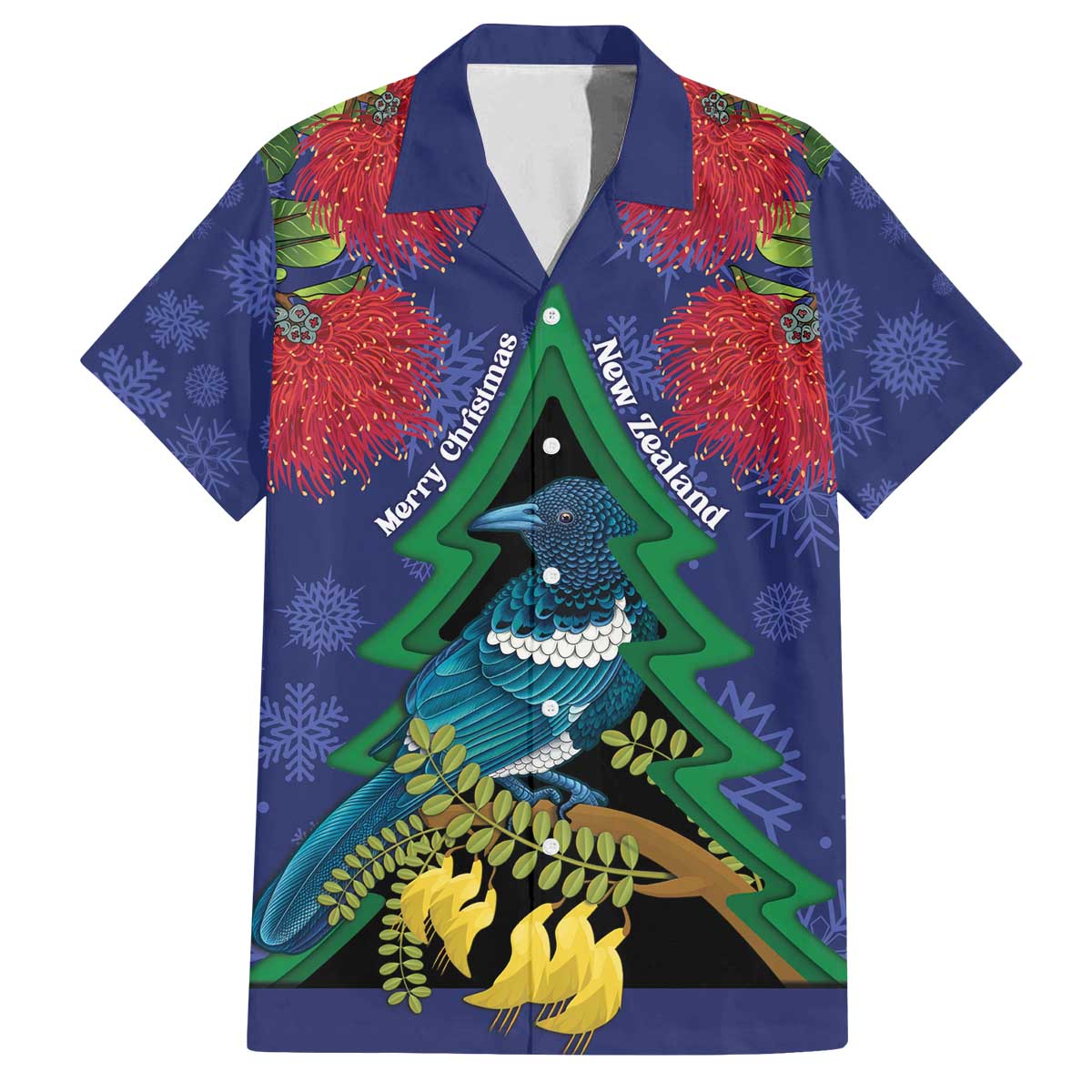 New Zealand Christmas In July Family Matching Off The Shoulder Long Sleeve Dress and Hawaiian Shirt Kowhai Tui Bird With Pohutukawa - Blue