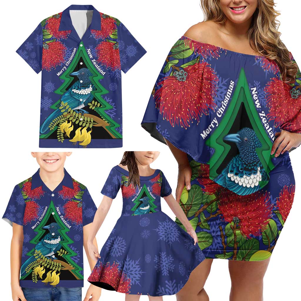 New Zealand Christmas In July Family Matching Off Shoulder Short Dress and Hawaiian Shirt Kowhai Tui Bird With Pohutukawa - Blue