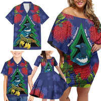New Zealand Christmas In July Family Matching Off Shoulder Short Dress and Hawaiian Shirt Kowhai Tui Bird With Pohutukawa - Blue