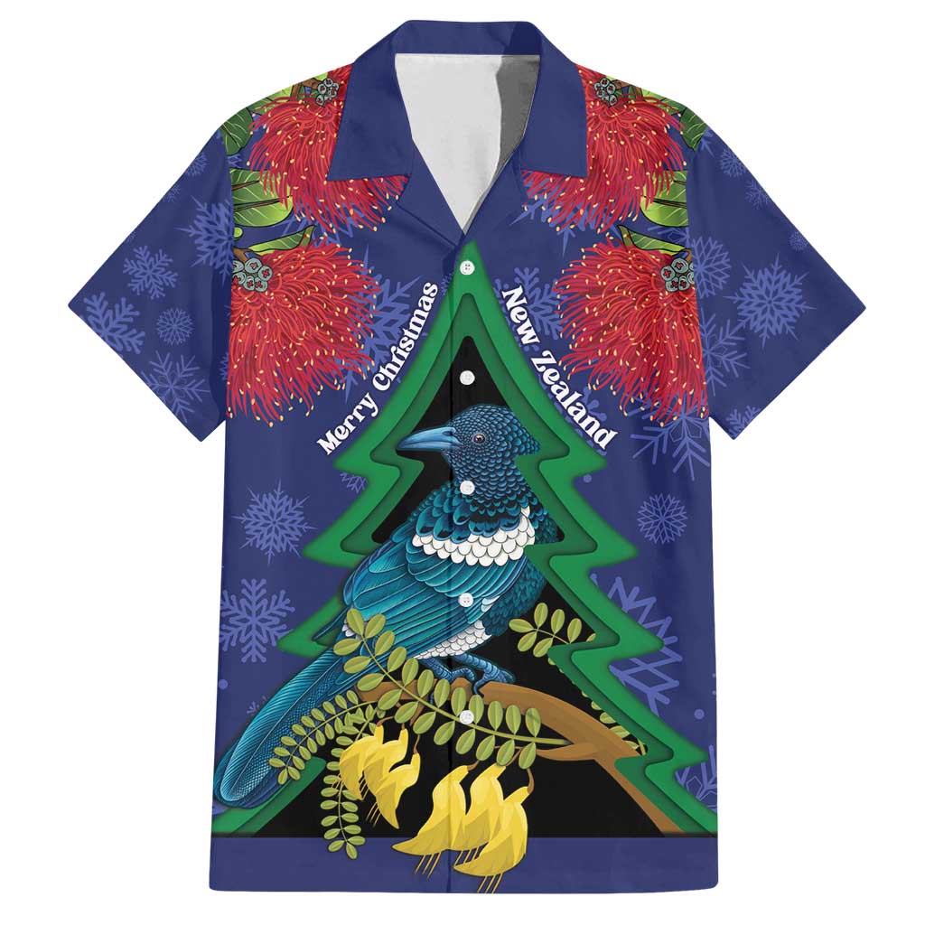 New Zealand Christmas In July Family Matching Off Shoulder Short Dress and Hawaiian Shirt Kowhai Tui Bird With Pohutukawa - Blue