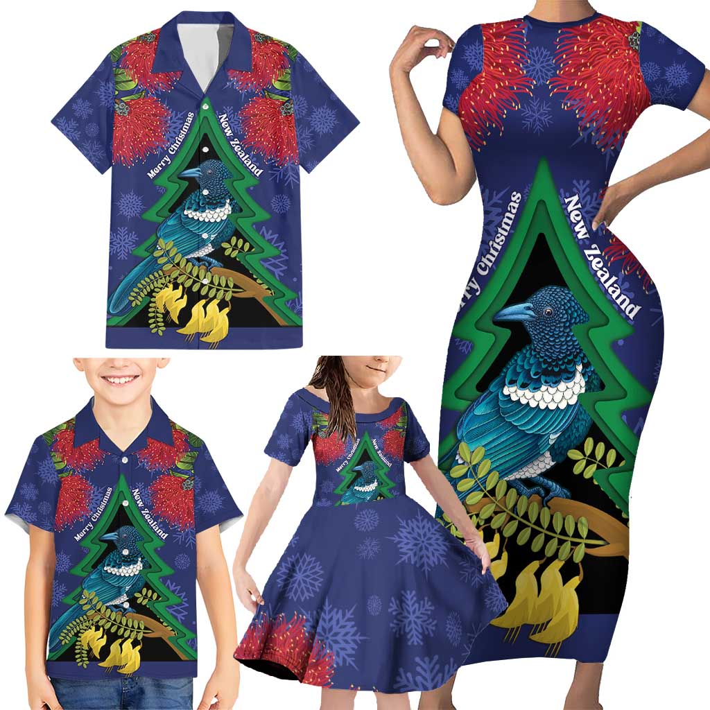 New Zealand Christmas In July Family Matching Short Sleeve Bodycon Dress and Hawaiian Shirt Kowhai Tui Bird With Pohutukawa - Blue