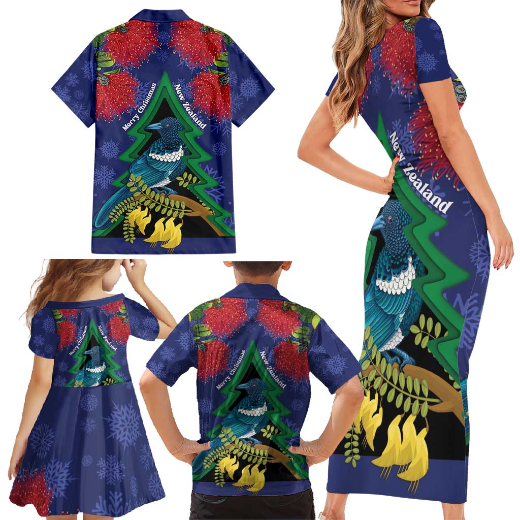 New Zealand Christmas In July Family Matching Short Sleeve Bodycon Dress and Hawaiian Shirt Kowhai Tui Bird With Pohutukawa - Blue