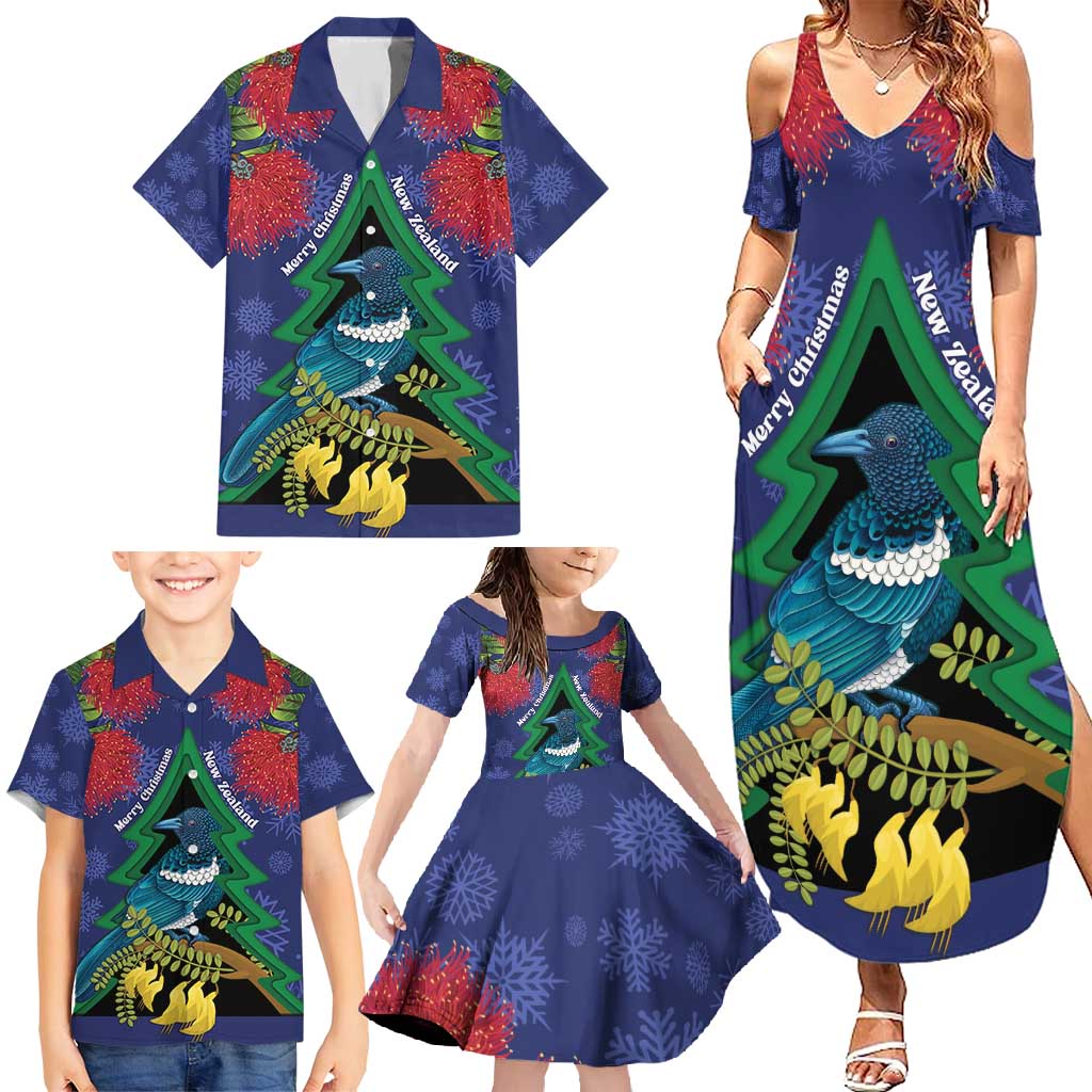 New Zealand Christmas In July Family Matching Summer Maxi Dress and Hawaiian Shirt Kowhai Tui Bird With Pohutukawa - Blue