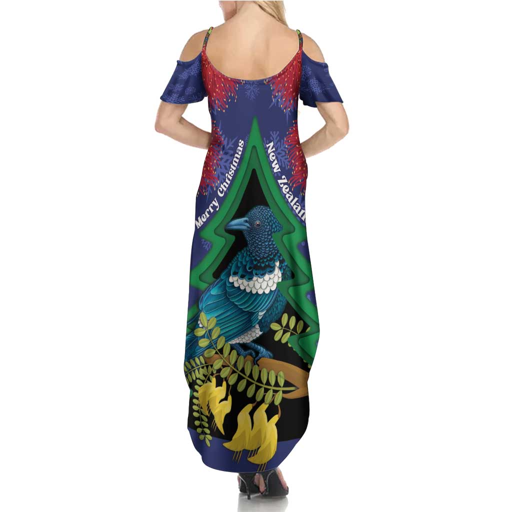 New Zealand Christmas In July Family Matching Summer Maxi Dress and Hawaiian Shirt Kowhai Tui Bird With Pohutukawa - Blue