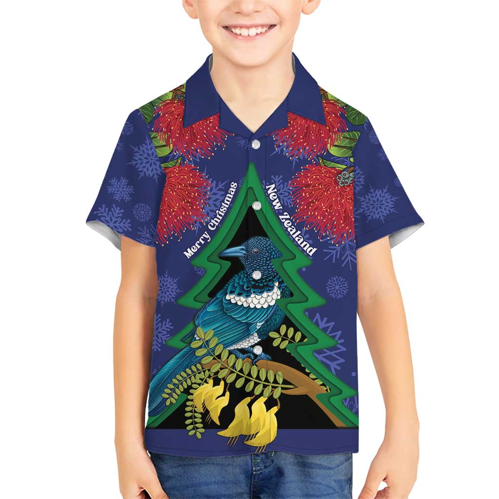 New Zealand Christmas In July Family Matching Summer Maxi Dress and Hawaiian Shirt Kowhai Tui Bird With Pohutukawa - Blue
