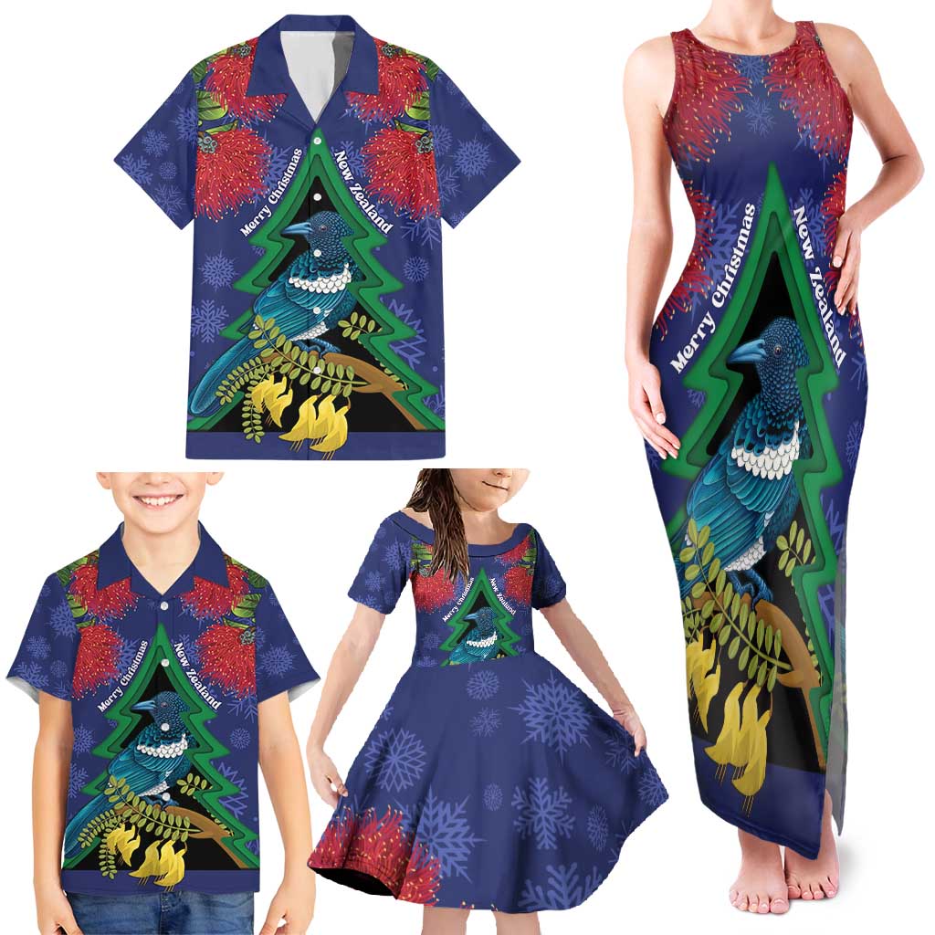 New Zealand Christmas In July Family Matching Tank Maxi Dress and Hawaiian Shirt Kowhai Tui Bird With Pohutukawa - Blue